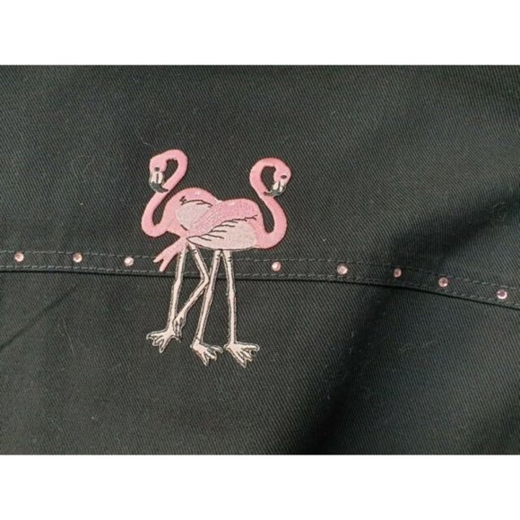 Las Olas Women M Black Denim Jean Jacket Pink Flamingo Rhinestone - Picture 9 of 9